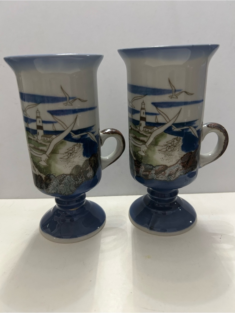 Vintage Otagiri Japan Footed Lighthouse Seagull Mug Set Coastal Stoneware